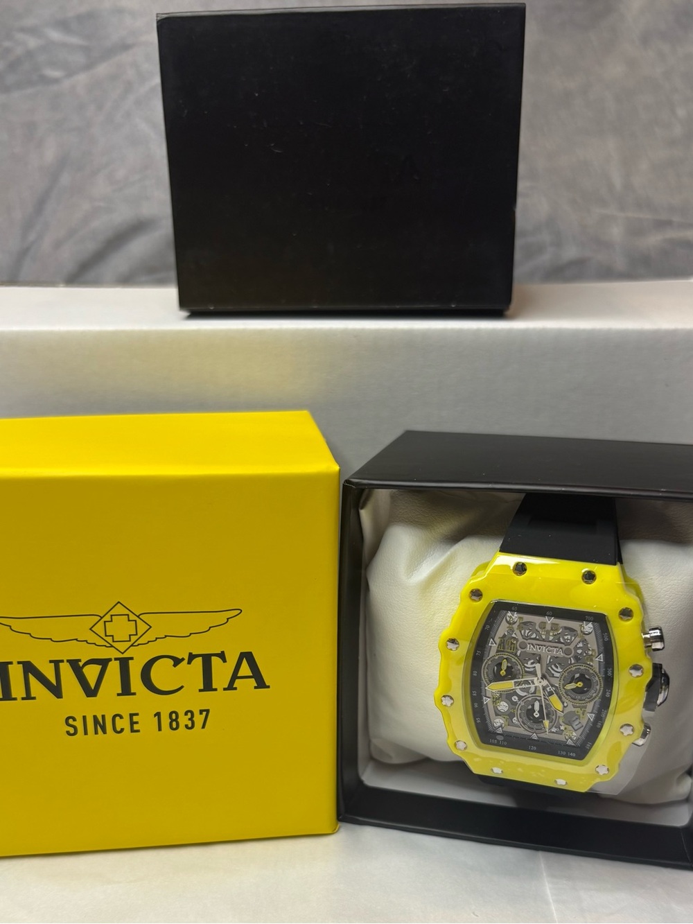 Invicta Racing Men's Chronograph Quartz Yellow Tonneau Black Strap 50m Box